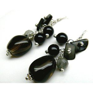 Black Onyx Labradorite Quartz Silver Earrings